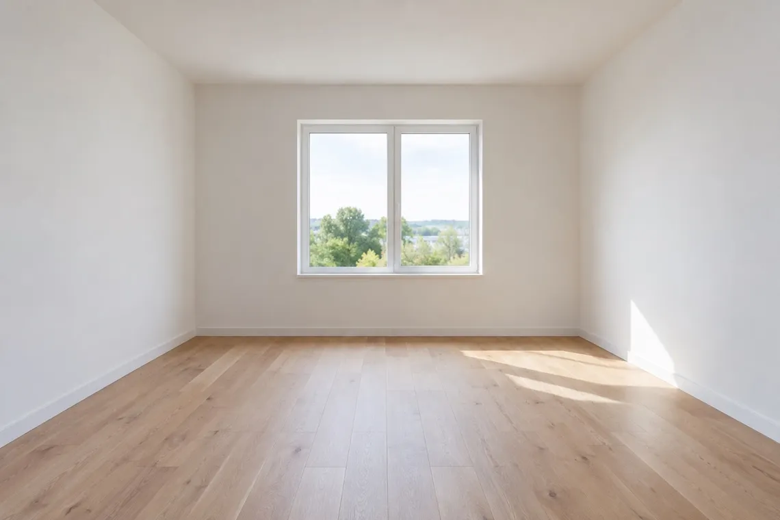 A bright, empty room with pale floorboards and a large window