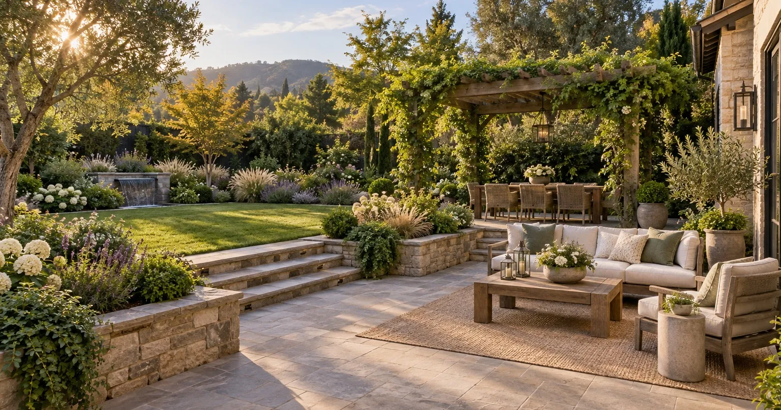 A landscaped garden with a stone patio, pergola and lounge seating