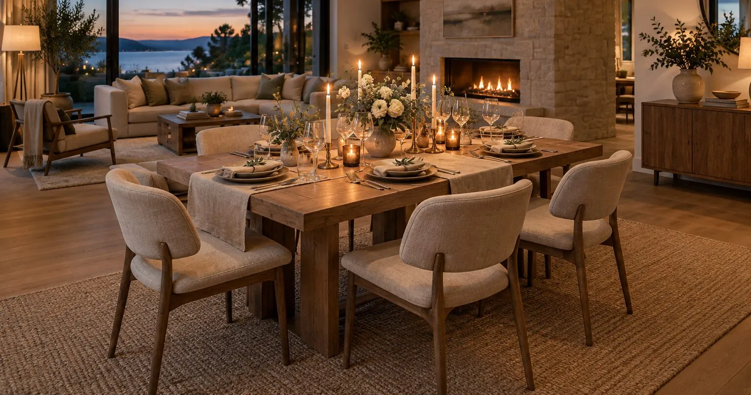 A dining table laid for a dinner party with candles and flowers