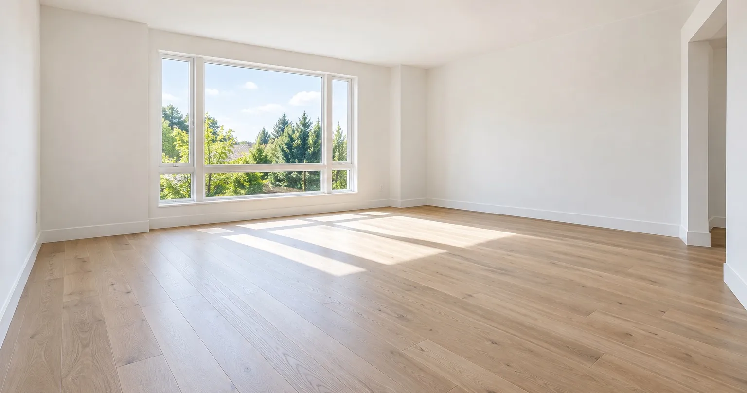 A bright empty room with pale oak floors, ready to be staged