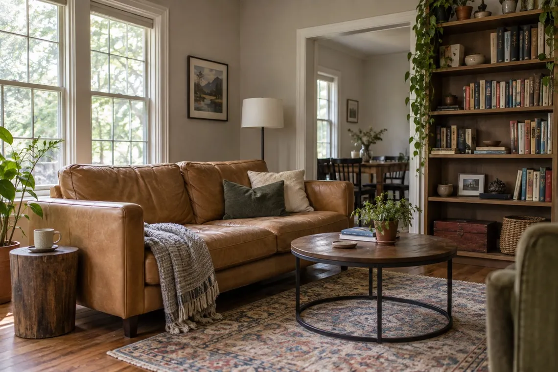 A warm, sunlit living room with a linen sofa, jute rug and olive tree
